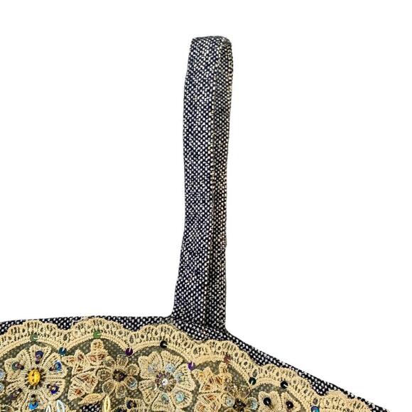 Vintage Tweed Crop Top Gold Lace Beaded Accent Skinny Straps Size 10 Gothic Emo - Picture 3 of 12